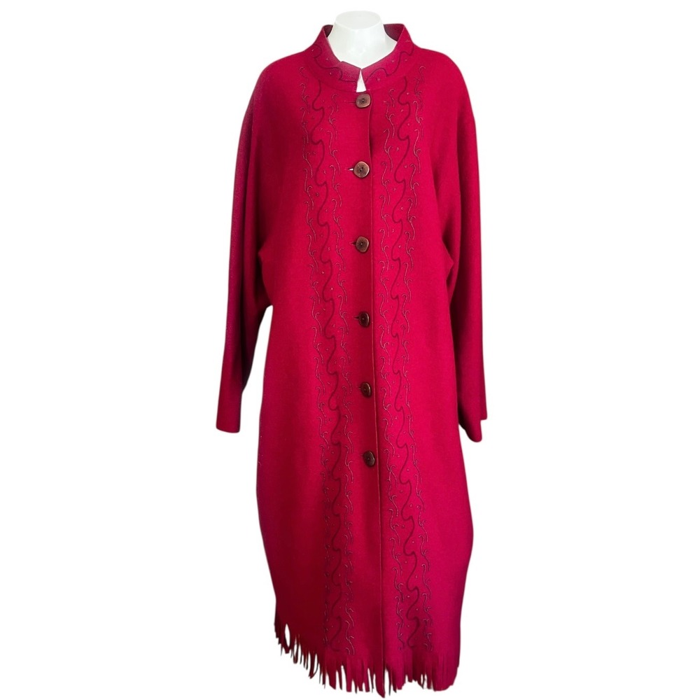 J Jill Red Knit Cardigan Duster Coat Embroidered Fringe Mandarin Collar M‎